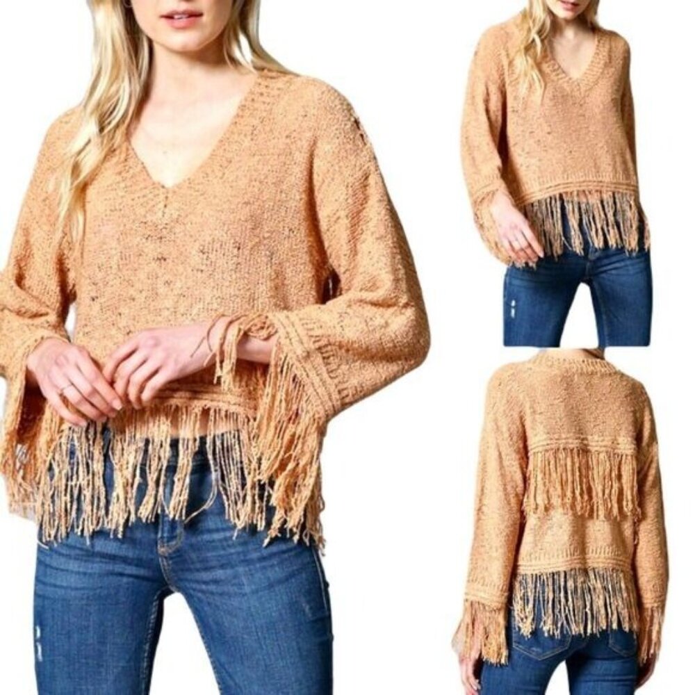 FATE‎ Fringe Sweater Pullover V Neck Large NWOT